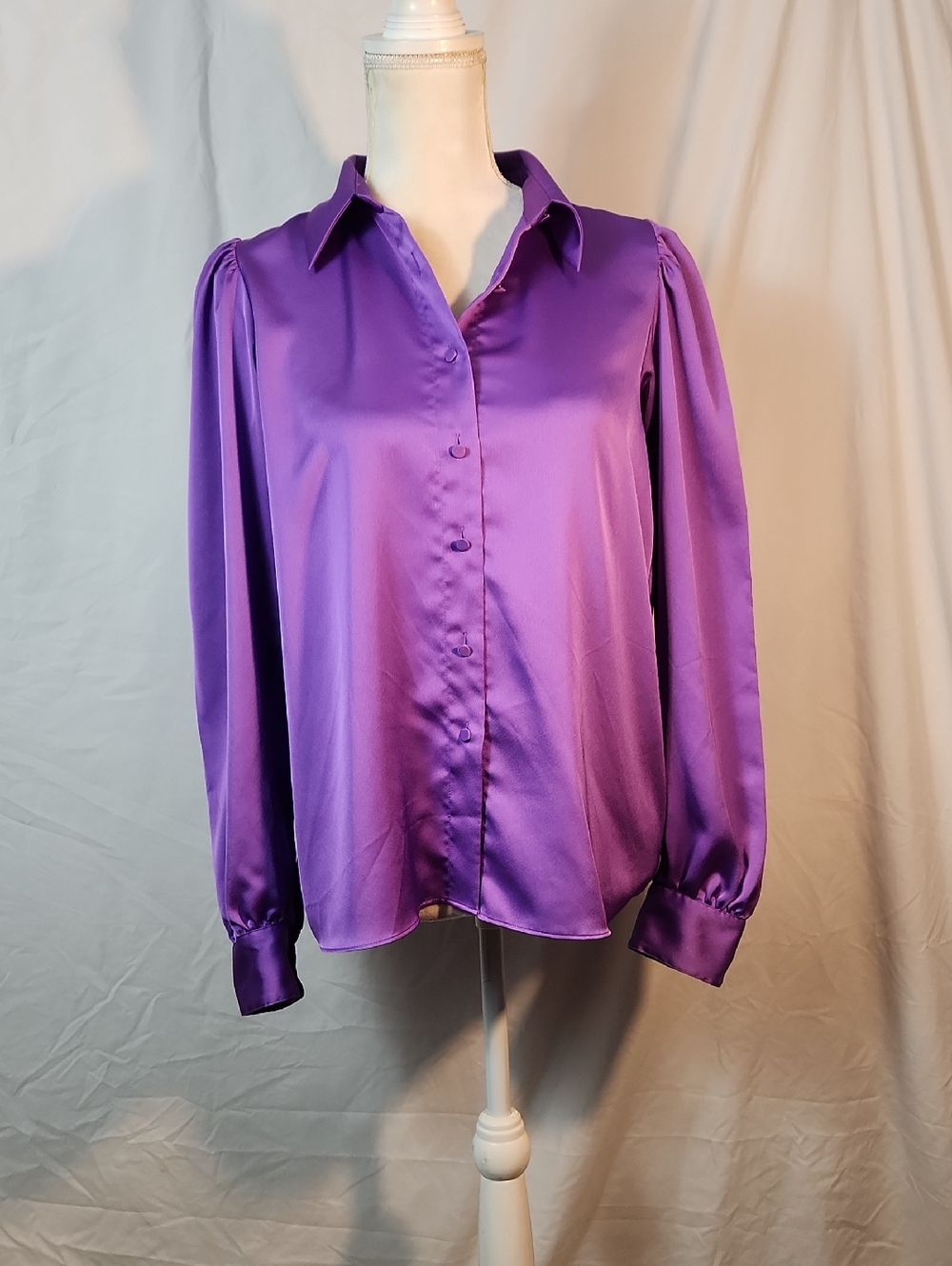 Ann Taylor Purple Satin Puff Sleeve Button-Up Blouse